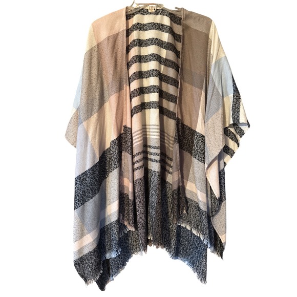 Accessories - Striped Plaid Blanket Poncho Shawl Wrap Cape Ruana Duster Cardigan Women